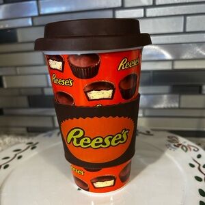 Reese’s Cup Travel Coffee/Tea Mug Tumbler Silicone Lid/Band Orange Brown